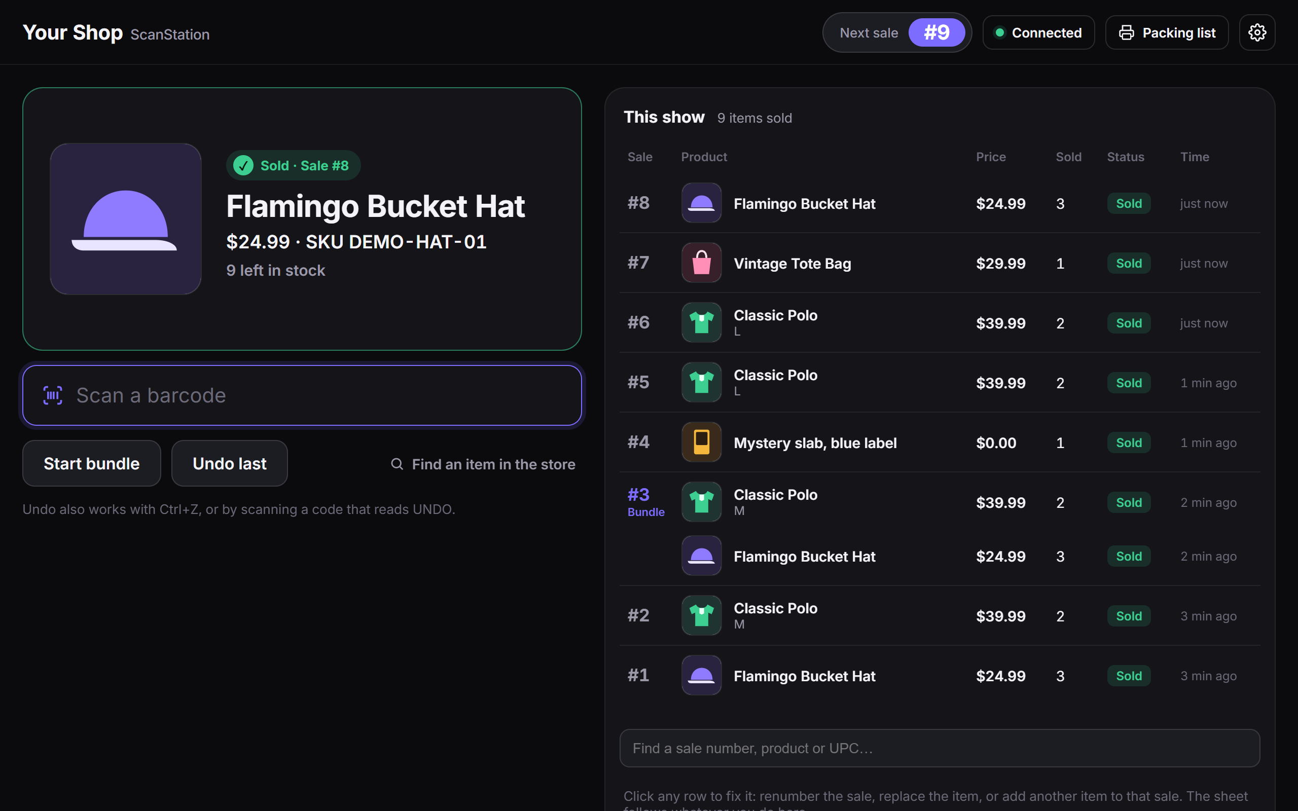 ScanStation demo showing a barcode scan, sold items, Shopify connection, and packing list controls